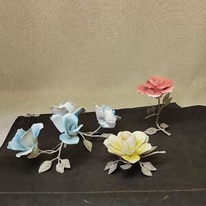 Porcelain Flower Figurines in Blue, Pink, and Yellow